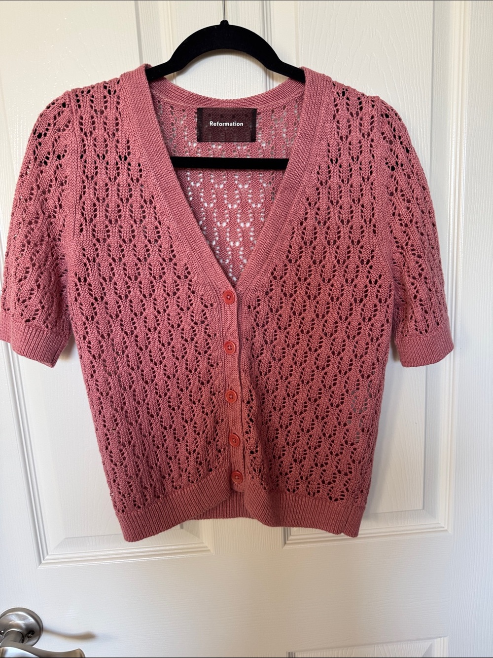 Reformation Rose-Pink Short Sleeve V-Neck Knit Cardigan size small